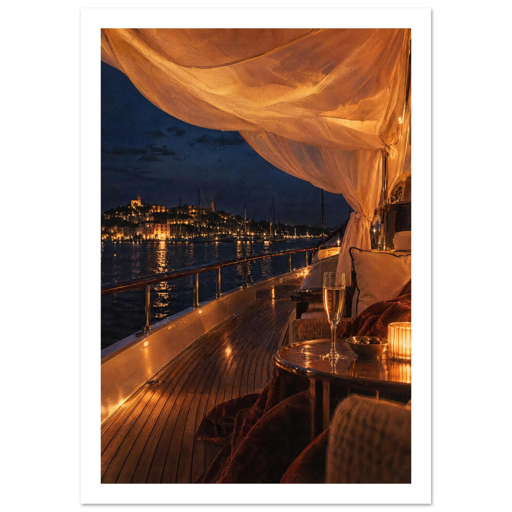Yacht deck at night with glowing draped fabric, a candlelit table and a glass overlooking an illuminated harbour.