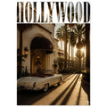 Hollywood lettering above a cream vintage convertible outside an arched entrance, with palm trees and long sunlit shadows.