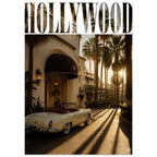 Hollywood lettering above a cream vintage convertible outside an arched entrance, with palm trees and long sunlit shadows.