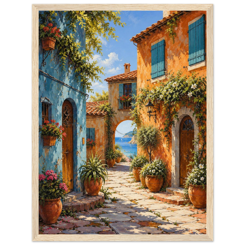 Coastal village lane with blue and orange buildings, potted flowers and a stone archway opening onto a sea view.
