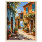 Coastal village lane with blue and orange buildings, potted flowers and a stone archway opening onto a sea view.