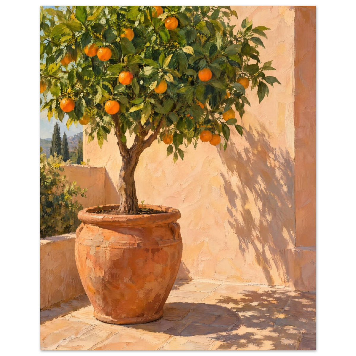 Orange tree in a terracotta pot on sunlit courtyard paving, with leafy shadows cast across a peach wall.