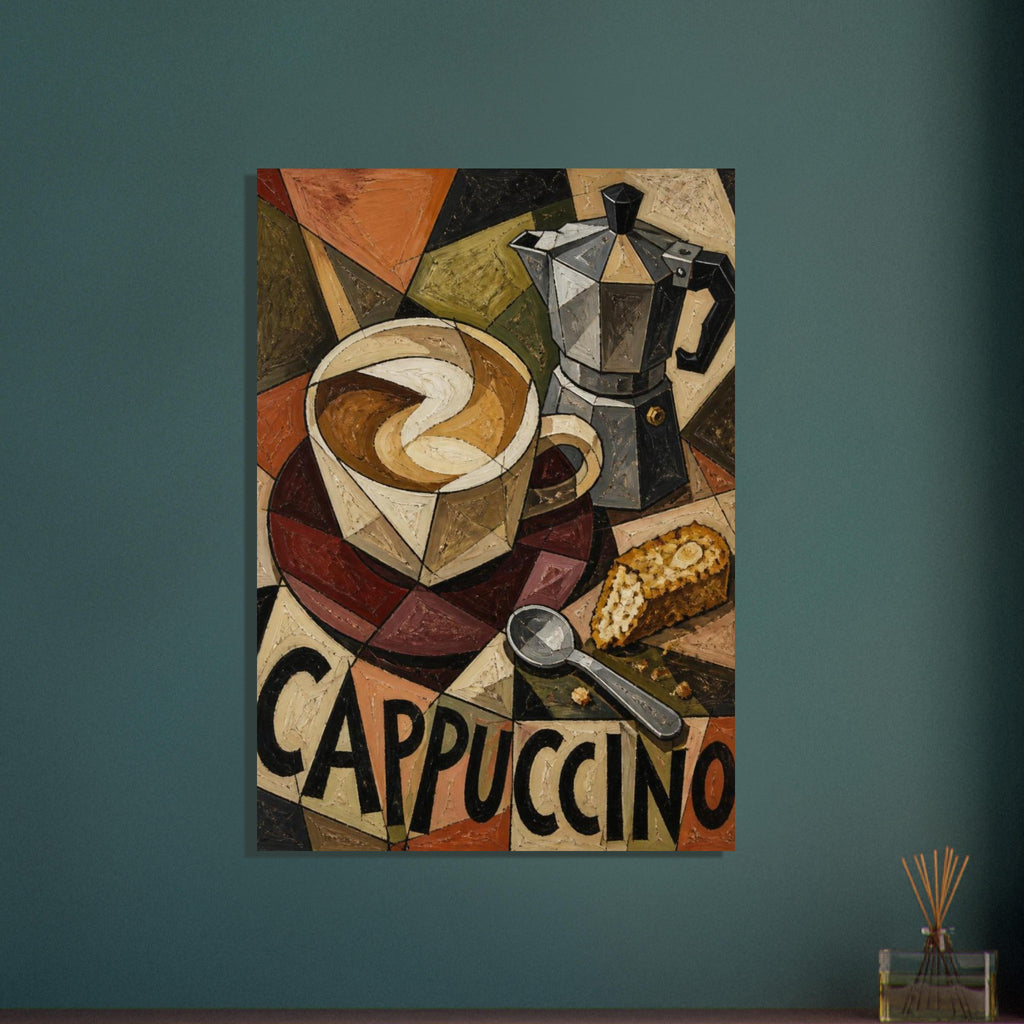 Cubist cappuccino cup, moka pot, spoon and cake slice in earthy colours, with large CAPPUCCINO lettering below.