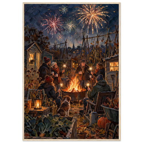 People with sparklers gather around a fire pit with a dog in an allotment, beneath fireworks in a dark blue sky.