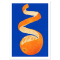 Partly peeled orange with a long spiral of orange rind and cream pith against a vivid cobalt-blue background.