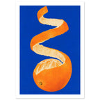 Partly peeled orange with a long spiral of orange rind and cream pith against a vivid cobalt-blue background.