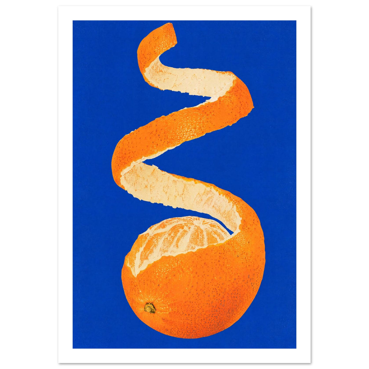 Partly peeled orange with a long spiral of orange rind and cream pith against a vivid cobalt-blue background.