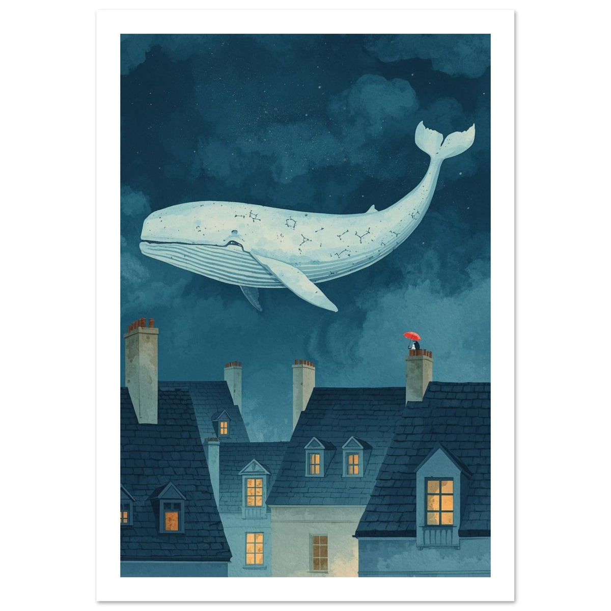 Flying Whale Blue Fantasy Art Print – White Border
