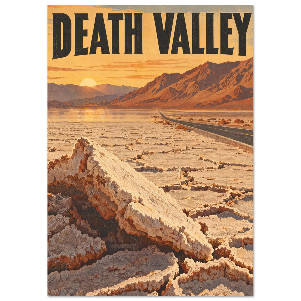 Death Valley lettering above sunlit mountains, a road crossing salt flats and large cream-coloured salt formations.