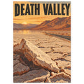 Death Valley lettering above sunlit mountains, a road crossing salt flats and large cream-coloured salt formations.