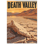 Death Valley lettering above sunlit mountains, a road crossing salt flats and large cream-coloured salt formations.