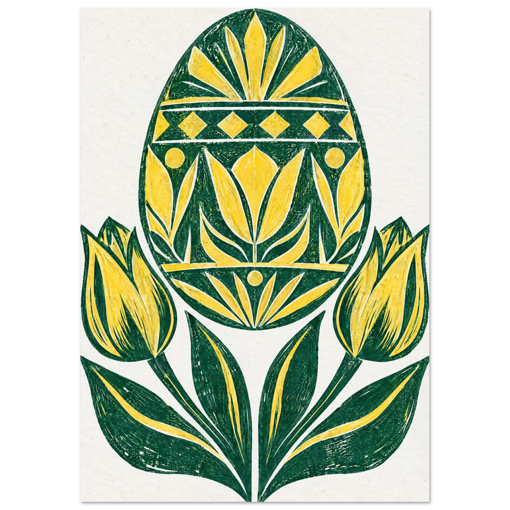 Yellow and green patterned Easter egg above two yellow tulips and sweeping green leaves on a cream background.