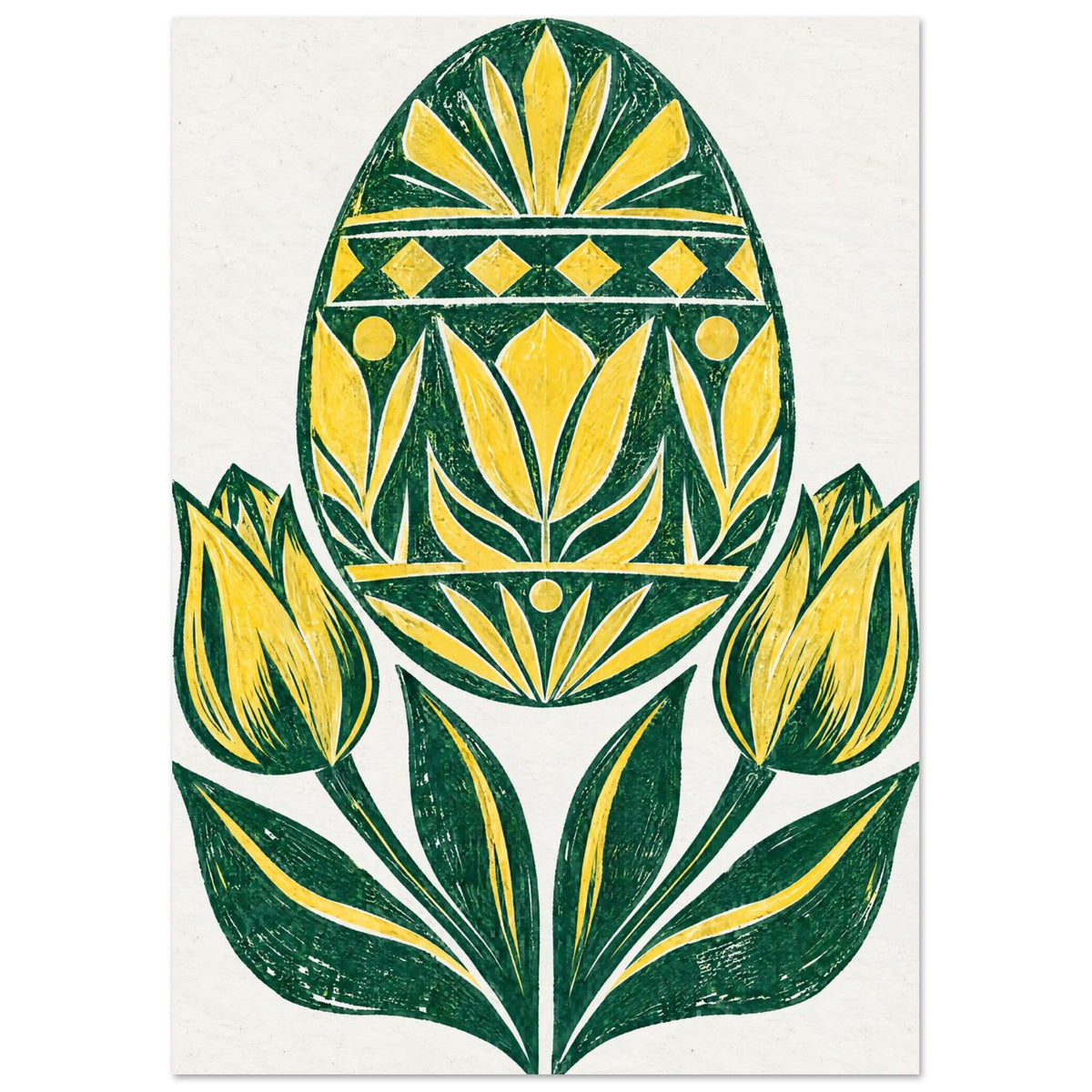 Yellow and green patterned Easter egg above two yellow tulips and sweeping green leaves on a cream background.