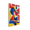 Red, blue and yellow geometric shapes stacked vertically on a cream background with distressed texture and dark overlaps.