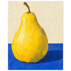 Yellow pear with a curved brown stem on a cobalt-blue tabletop, casting a dark shadow against a cream background.