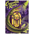 Crocodile in sunglasses leaning on a yellow jukebox, with purple palms, dancers and large “Crocodile Rock” lettering.