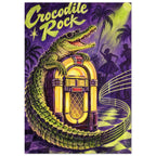 Crocodile in sunglasses leaning on a yellow jukebox, with purple palms, dancers and large “Crocodile Rock” lettering.