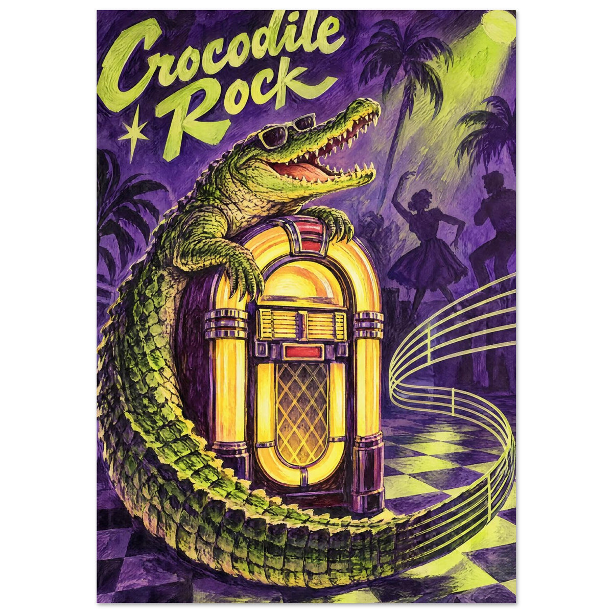 Crocodile in sunglasses leaning on a yellow jukebox, with purple palms, dancers and large “Crocodile Rock” lettering.