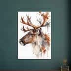 Watercolour reindeer head in profile with large antlers and loose paint splashes