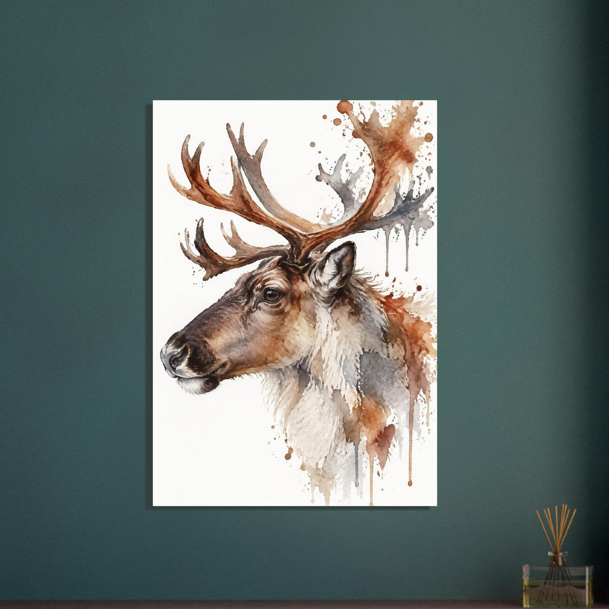 Watercolour reindeer head in profile with large antlers and loose paint splashes