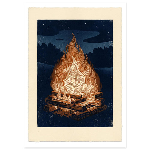Bonfire with cream and orange patterned flames above stacked logs, against a navy night sky within a cream border.