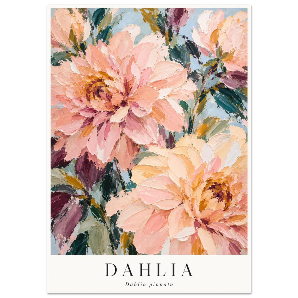 Peach and pink dahlias with dark green leaves on pale blue, bordered in white with ‘DAHLIA’ and ‘Dahlia pinnata’ below.
