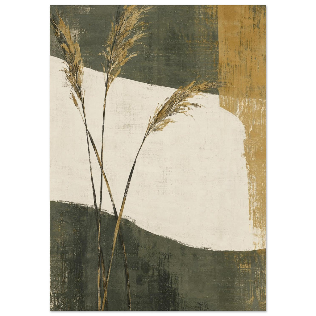 Three feathery reed stems against textured olive green, cream and ochre abstract colour blocks.