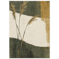 Three feathery reed stems against textured olive green, cream and ochre abstract colour blocks.