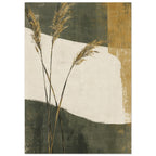 Three feathery reed stems against textured olive green, cream and ochre abstract colour blocks.