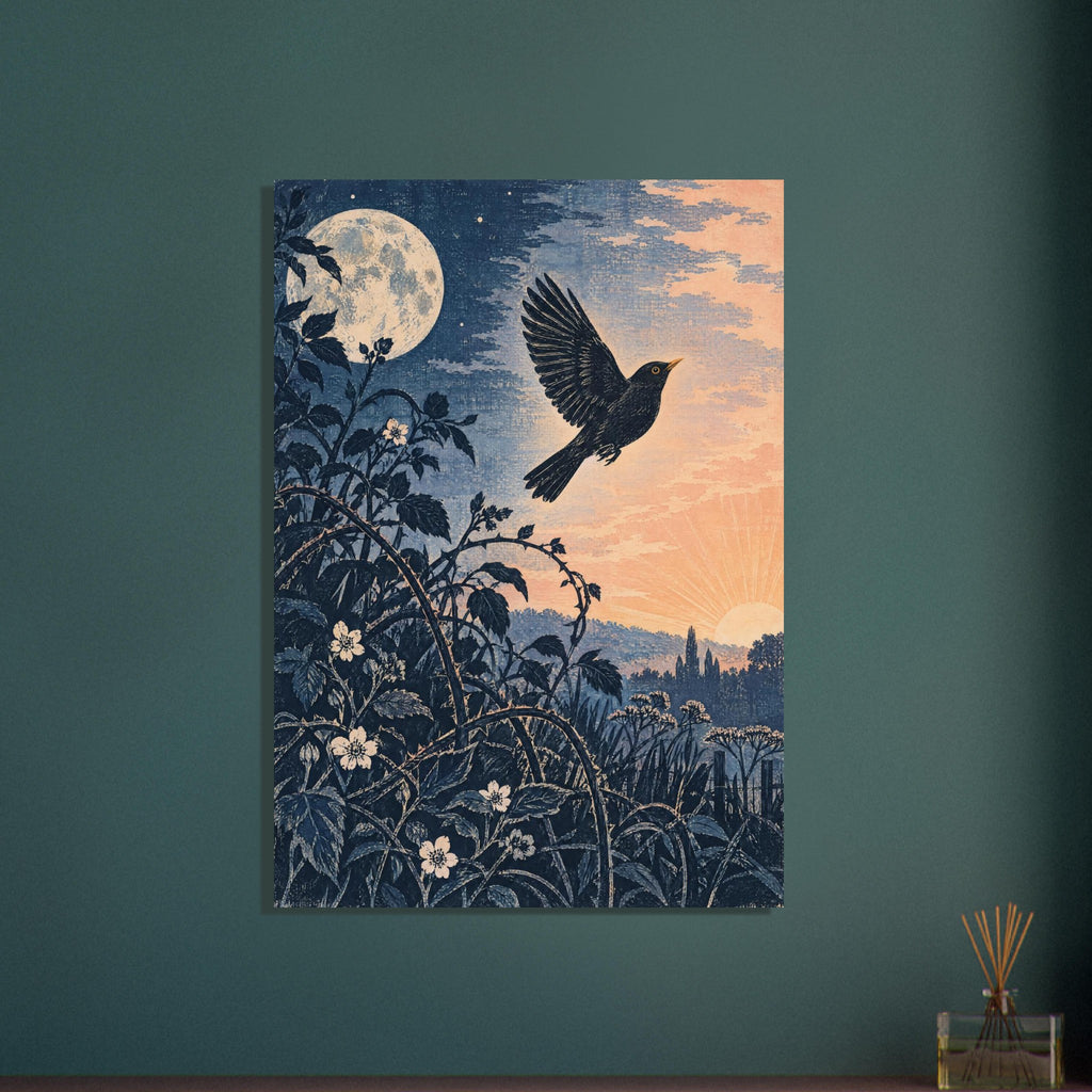 Blackbird in flight above flowering branches, with a pale moon and low sun against a textured navy and peach sky.