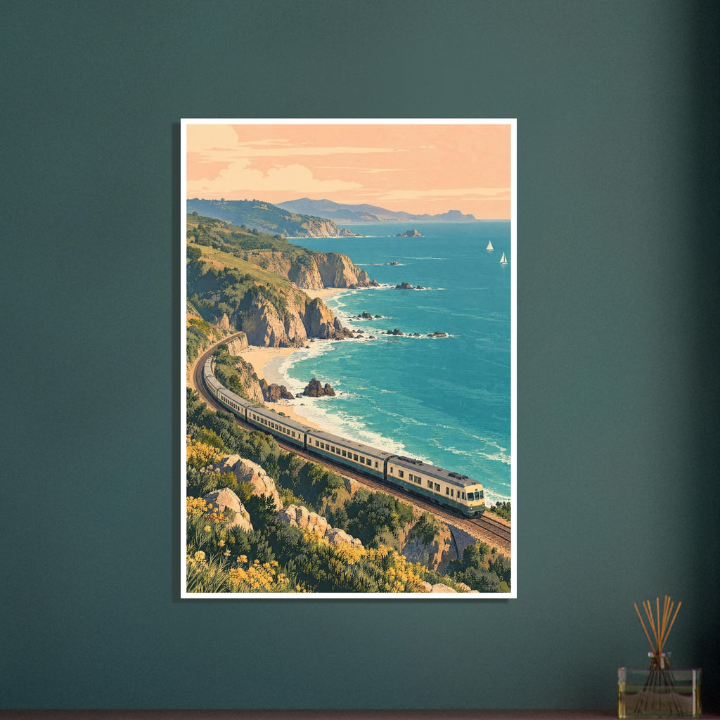 Train curving along coastal cliffs above turquoise sea, with sandy coves, green hills and sailboats beneath a peach sky.
