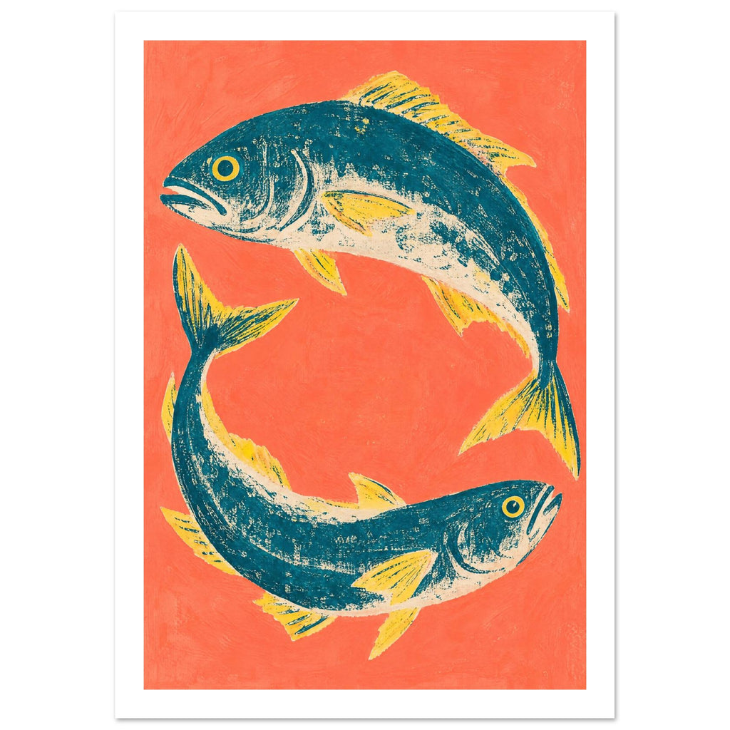 Two teal fish with yellow fins and cream markings curve around one another against a textured coral background.