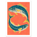 Two teal fish with yellow fins and cream markings curve around one another against a textured coral background.