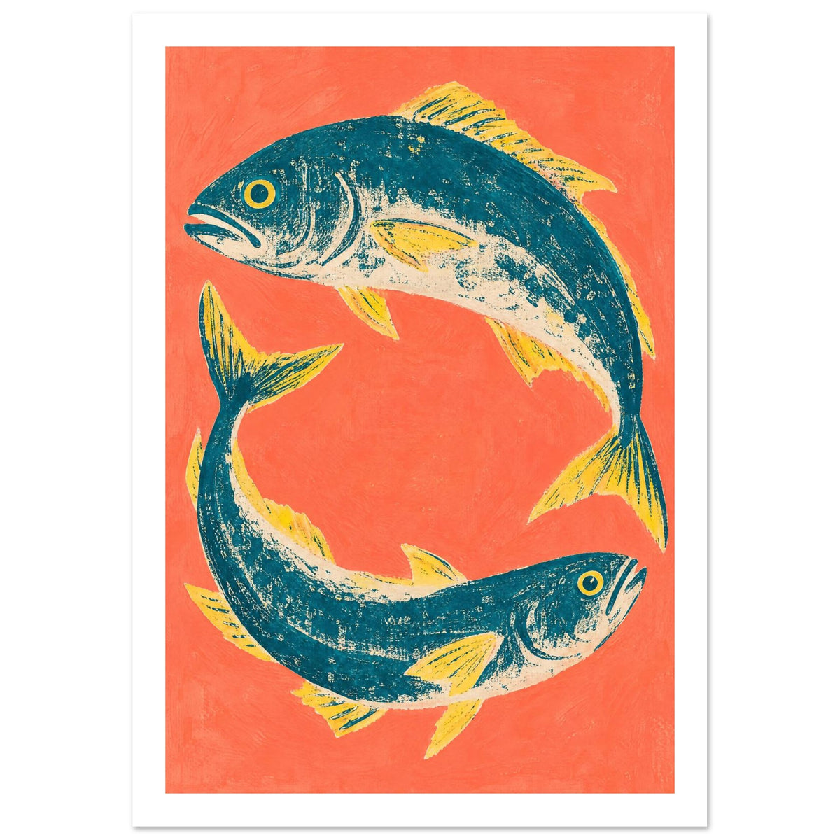 Two teal fish with yellow fins and cream markings curve around one another against a textured coral background.