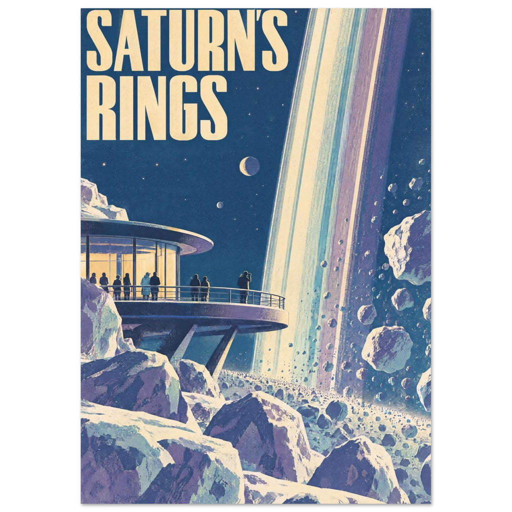 Saturn’s rings above a rocky landscape, with figures on an observation deck and large cream lettering against blue space.