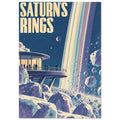 Saturn’s rings above a rocky landscape, with figures on an observation deck and large cream lettering against blue space.