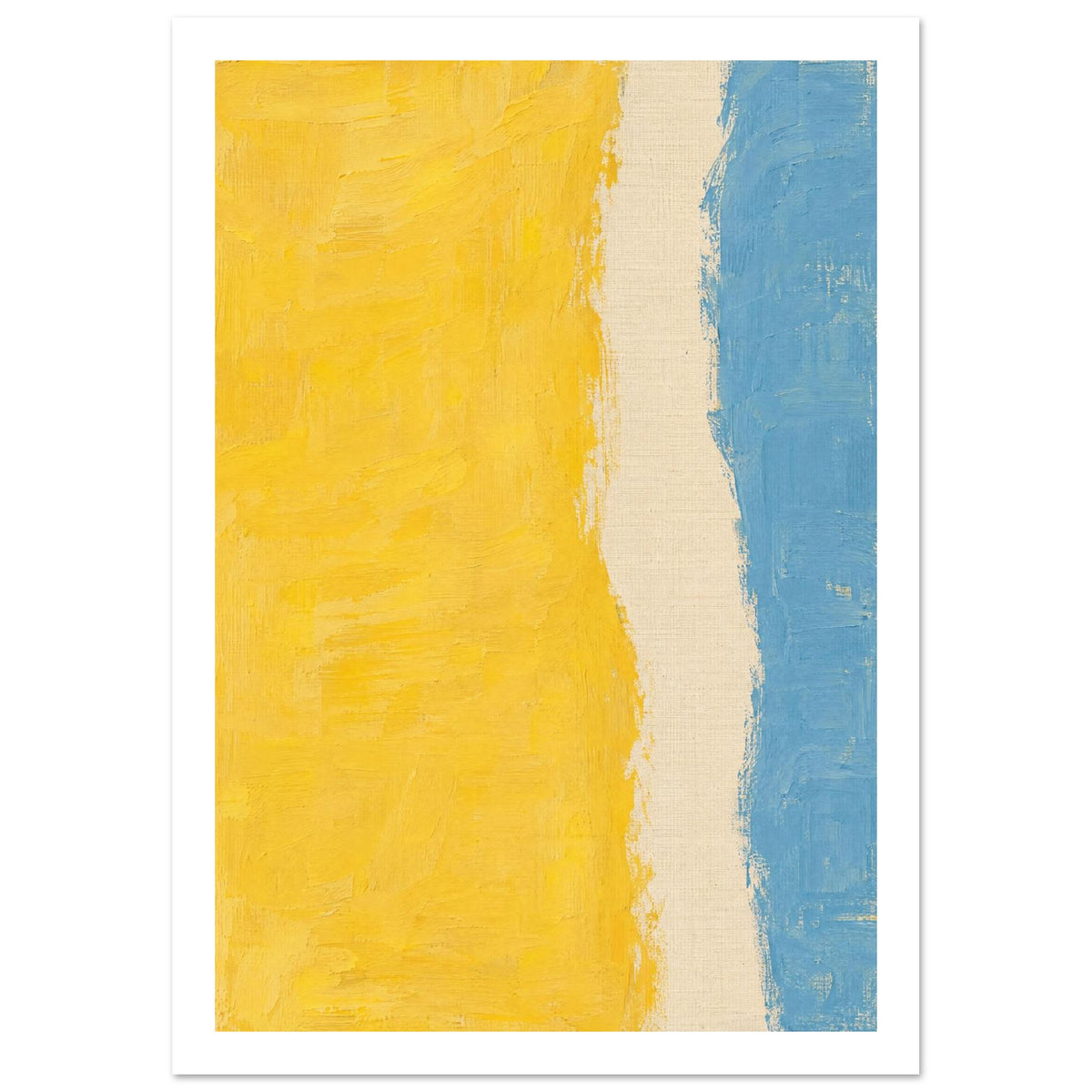 Abstract vertical bands of yellow, cream and blue with uneven edges, visible brushstrokes and a canvas-like texture.