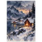 Watercolour snowy Nordic village at dusk with warm light in the cottage windows