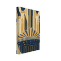 Art Deco theatre façade in navy, golden yellow and cream, with stepped towers, a fan-shaped canopy and distressed texture.