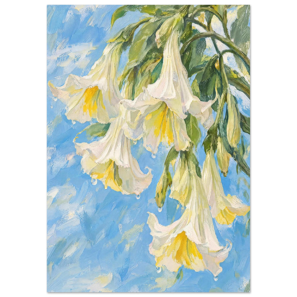 White trumpet-shaped flowers with yellow centres and droplets, surrounded by green leaves on a brushy blue background.