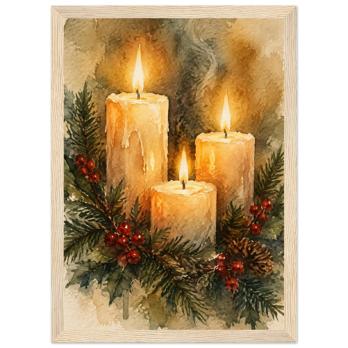 Watercolour painting of three lit advent candles with spruce sprigs and red berries