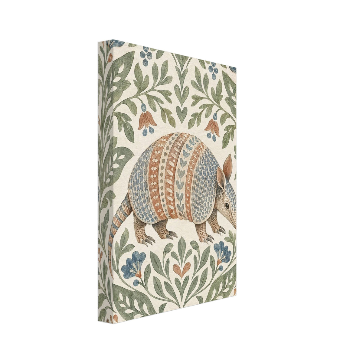 Patterned armadillo surrounded by green leaves and muted blue and terracotta flowers on a cream background.