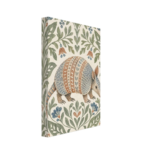 Patterned armadillo surrounded by green leaves and muted blue and terracotta flowers on a cream background.