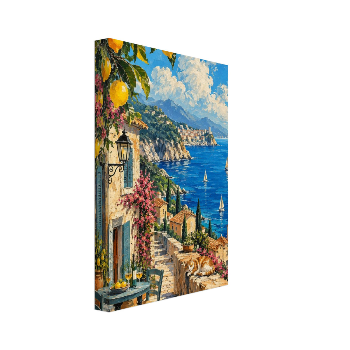 Lemon branches above a coastal terrace with a table, sleeping ginger cat, pink flowers and sailing boats on blue water.
