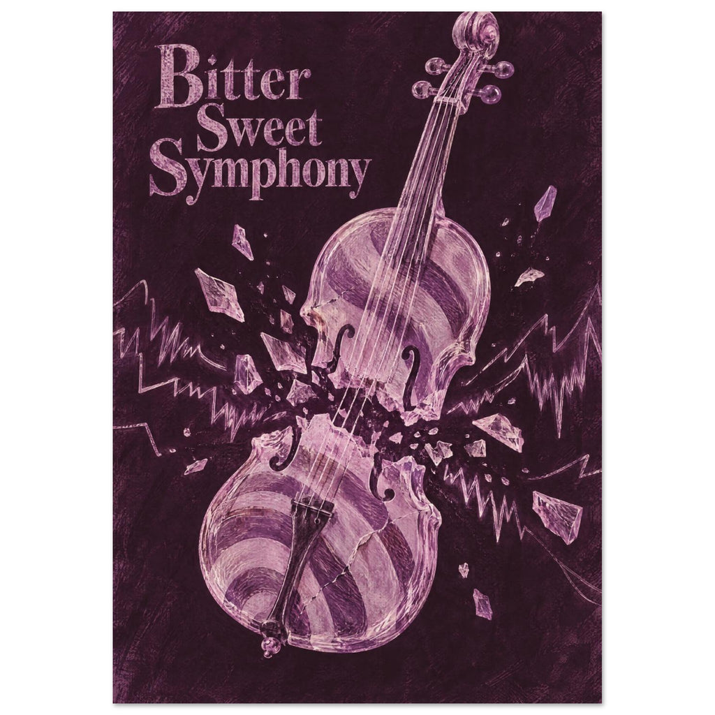 Shattered pink violin on a deep plum background with jagged lines and the words ‘Bitter Sweet Symphony’.