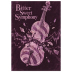 Shattered pink violin on a deep plum background with jagged lines and the words ‘Bitter Sweet Symphony’.