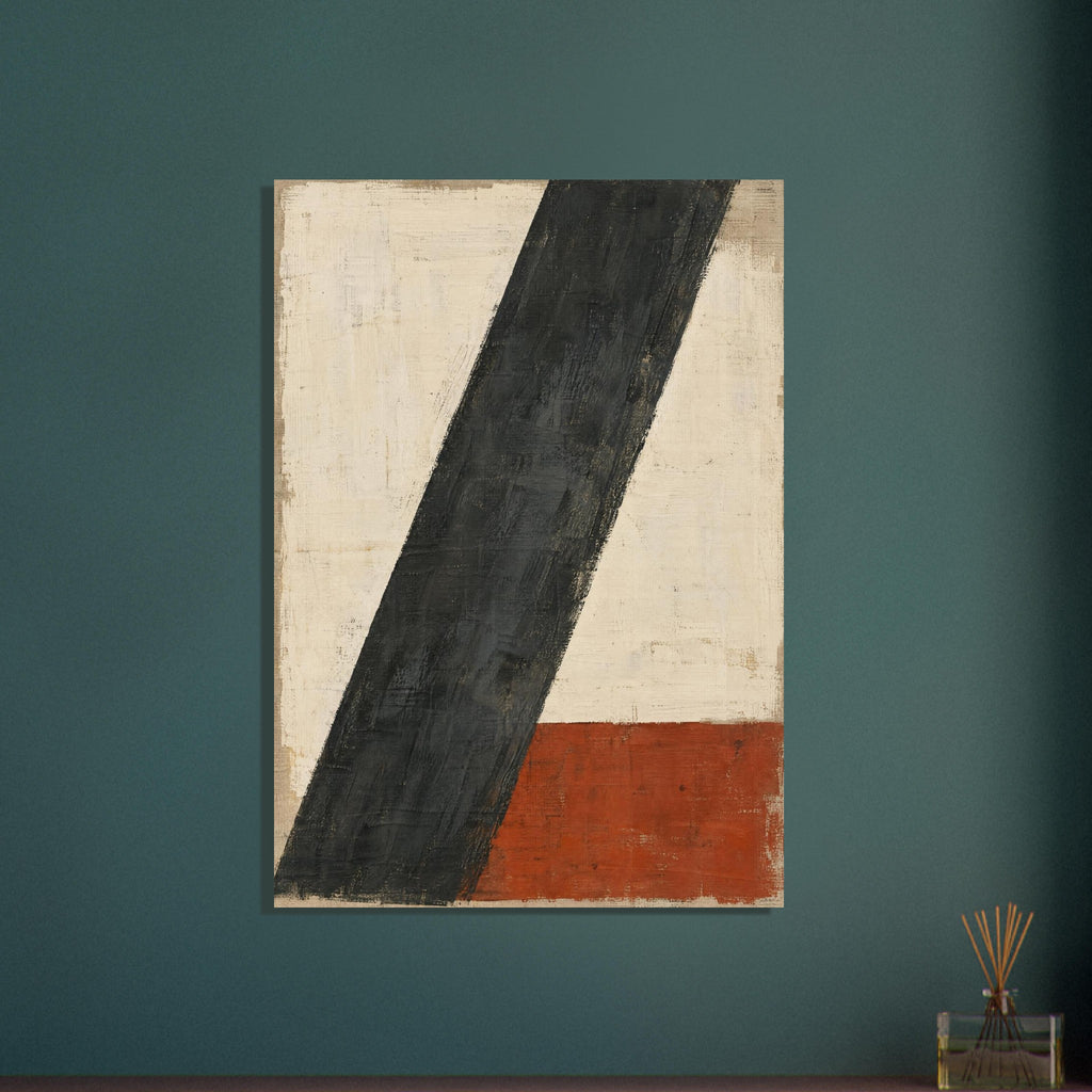 Broad charcoal diagonal stripe across a textured cream background, with a rust-red rectangular block at the lower right.
