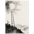 Dark ladder rising from a rocky ledge towards a pale moon, with grey washes and distant mountains on a cream background.