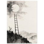 Dark ladder rising from a rocky ledge towards a pale moon, with grey washes and distant mountains on a cream background.