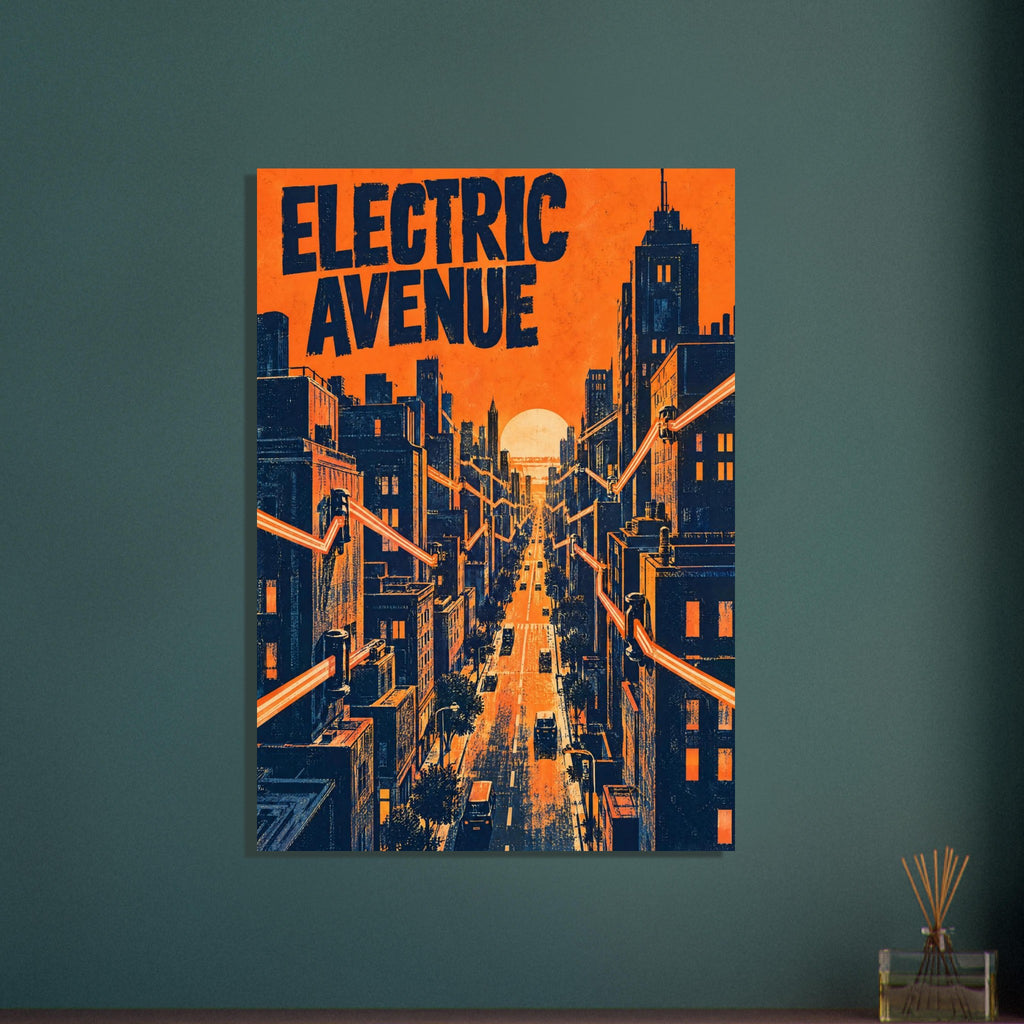 Electric Avenue lettering above an orange and navy city street, with tall buildings, zigzag lines and a pale sun.